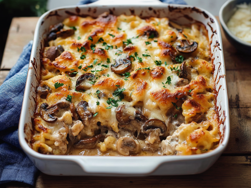 Spätzle-Pilz-Auflauf in einer Keramik-Auflaufform.