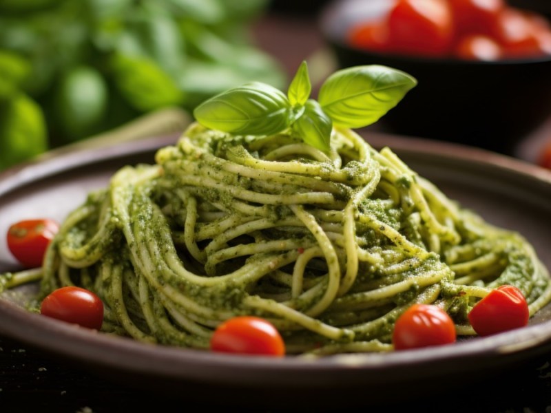 Ein Teller Spaghetti mit Basilikum-Senf-Pesto und Kirschtomaten.