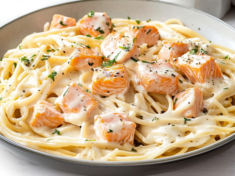 Spaghetti in Lachs-Sahnesoße auf einem Nudelteller.