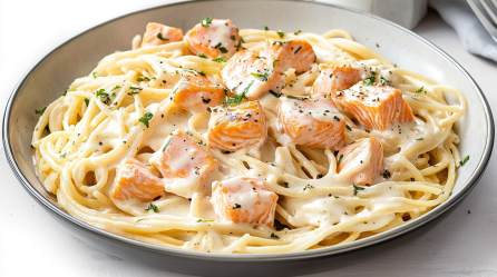 Spaghetti in Lachs-Sahnesoße auf einem Nudelteller.