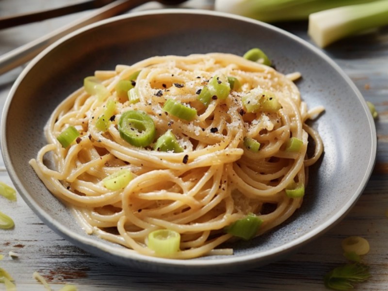 Ein Teller Spaghetti mit Lauch-Sahnesoße.