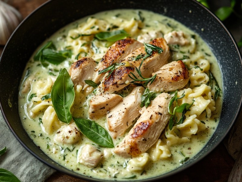 Spätzle-Pfanne mit Hühnchen in Bärlauchsoße mit frischen Kräutern bestreut