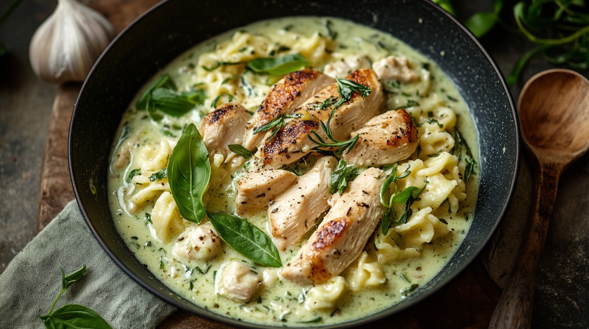 Spätzle-Pfanne mit Hühnchen in Bärlauchsoße mit frischen Kräutern bestreut