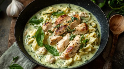 Spätzle-Pfanne mit Hühnchen in Bärlauchsoße mit frischen Kräutern bestreut