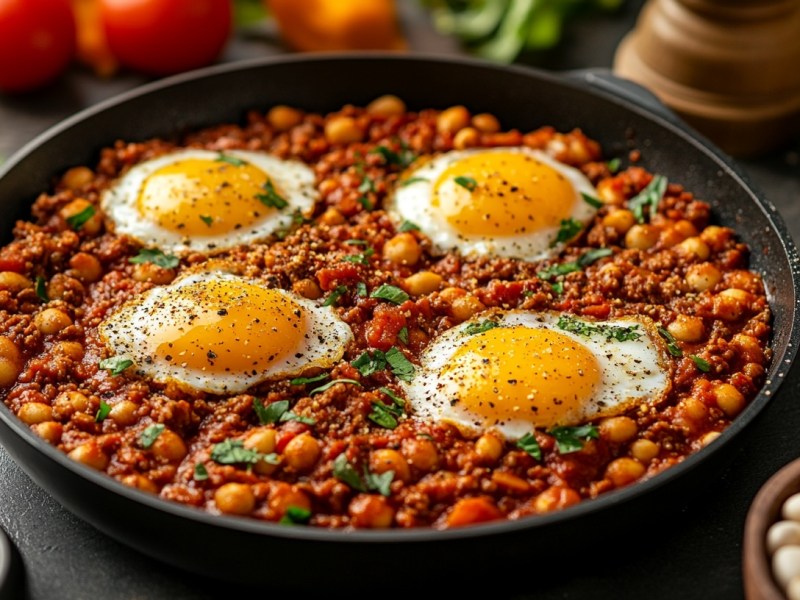 Spiegelei-Hackfleisch-Pfanne mit weißen Bohnen und Paprika, drumherum einige Zutaten wie Tomaten oder Bohnen.