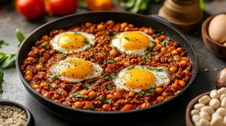 Spiegelei-Hackfleisch-Pfanne mit weißen Bohnen und Paprika, drumherum einige Zutaten wie Tomaten oder Bohnen.