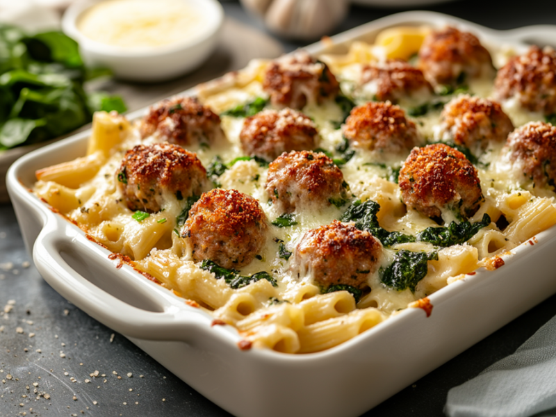 Eine Auflaufform voll mit Spinat-Hackbällchen-Nudelauflauf, der mit etwas Parmesan überbacken ist. Im Hintergrund ist ein Brett zu erkennen, auf dem etwas frischer Spinat liegt und eine Schale mit geriebenem Parmesan steht. Außerdem kann man eine Knoblauchknolle erkennen.