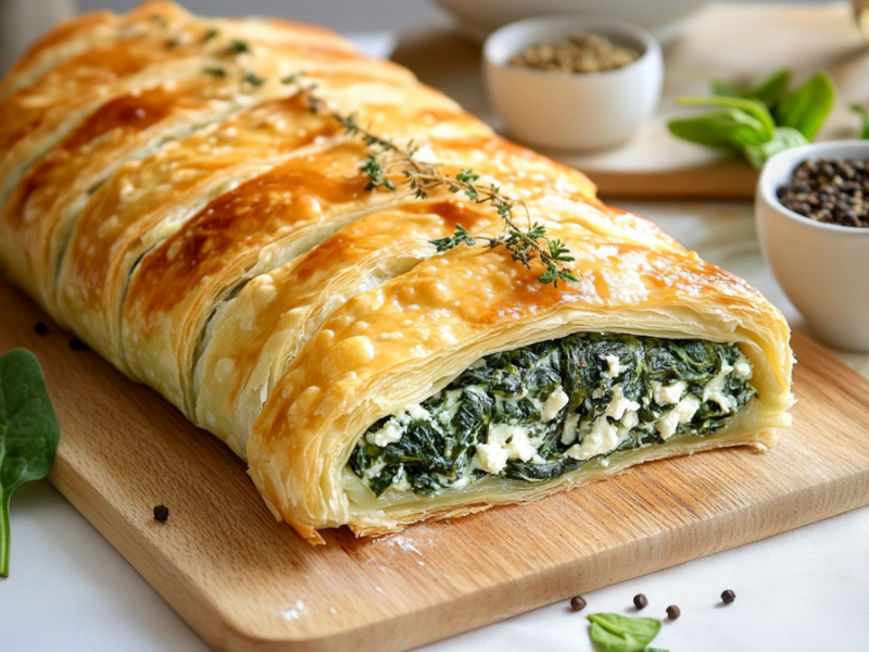 Ein Holzbrett auf dem ein angeschnittener Spinat-Ricotta-Strudel liegt. Um das Brett herum stehen Schalen mit Pfefferkörnern und Gewürzen. Außerdem liegen Spinatblätter herum. Im Hintergrund ist ein Gefäß mit Olivenöl zu erahnen.