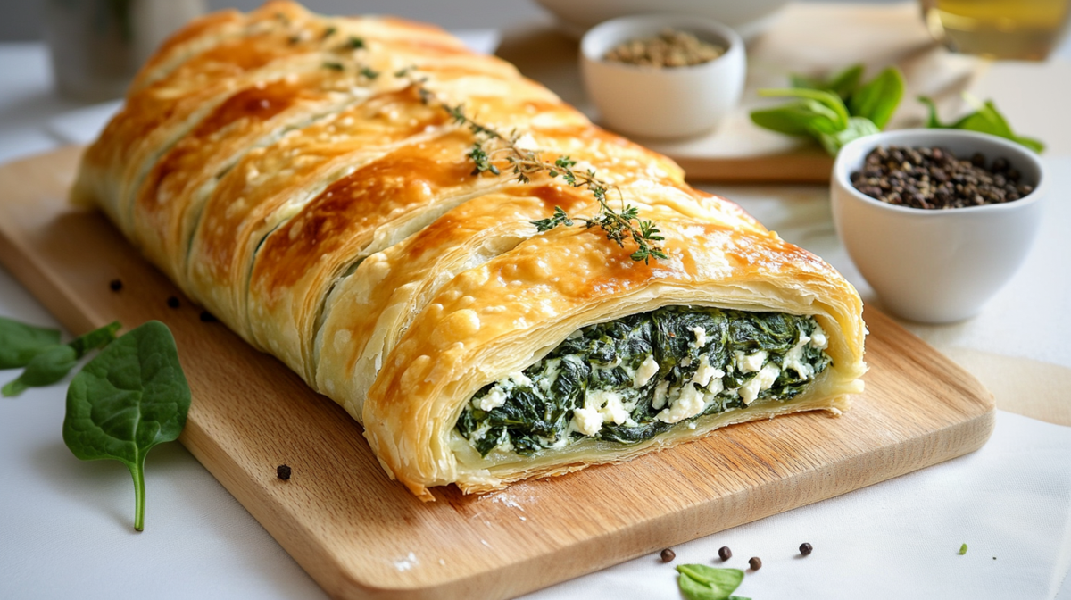 Ein Holzbrett auf dem ein angeschnittener Spinat-Ricotta-Strudel liegt. Um das Brett herum stehen Schalen mit Pfefferkörnern und Gewürzen. Außerdem liegen Spinatblätter herum. Im Hintergrund ist ein Gefäß mit Olivenöl zu erahnen.