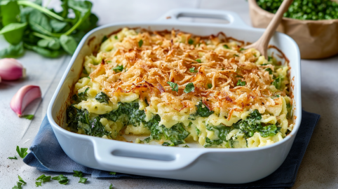 Ein Auflaufform mit Spinat-Spätzeauflauf mit Röstzwiebeln auf einem blauen Tuch. Links neben der Form liegen zwei Knoblauchzehen sowie weiterer frischer Spinat. Rechts im Hintergrund steht eine Schale mit frischen Gewürzen.