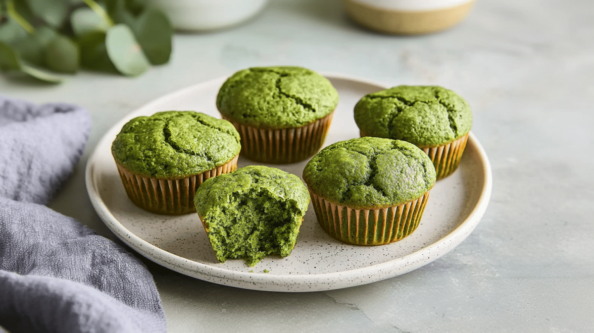 Fünf Spinatmuffins stehen auf einem Teller. Links neben dem Teller liegt ein graues Tuch. Im Hintergrund sieht man ein wenig Grünzeug.