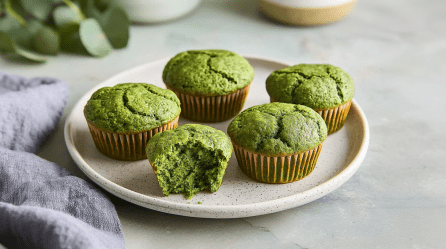 Fünf Spinatmuffins stehen auf einem Teller. Links neben dem Teller liegt ein graues Tuch. Im Hintergrund sieht man ein wenig Grünzeug.