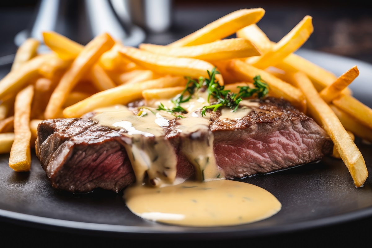Teller Steak Frites mit Pommes frites und Sauce Béarnaise