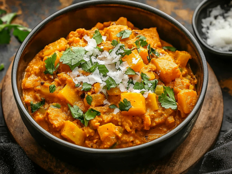 Steckrüben-Curry in einer dunklen Schüssel, garniert mit Koriander und Kokosflocken.