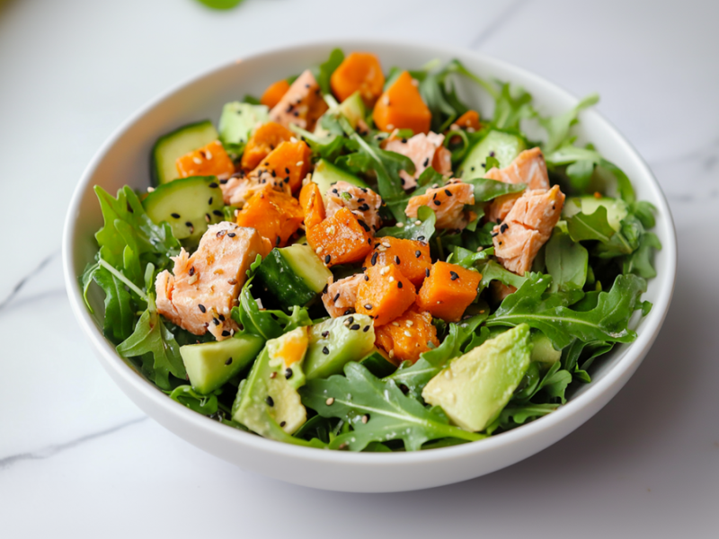 Ein Teller mit Süßkartoffel-Lachs-Salat, der außerdem Rucola, Avocado und Gurken enthält und mit Sesam garniert ist. Der Teller steht auf einer marmorierten Arbeitsfläche.