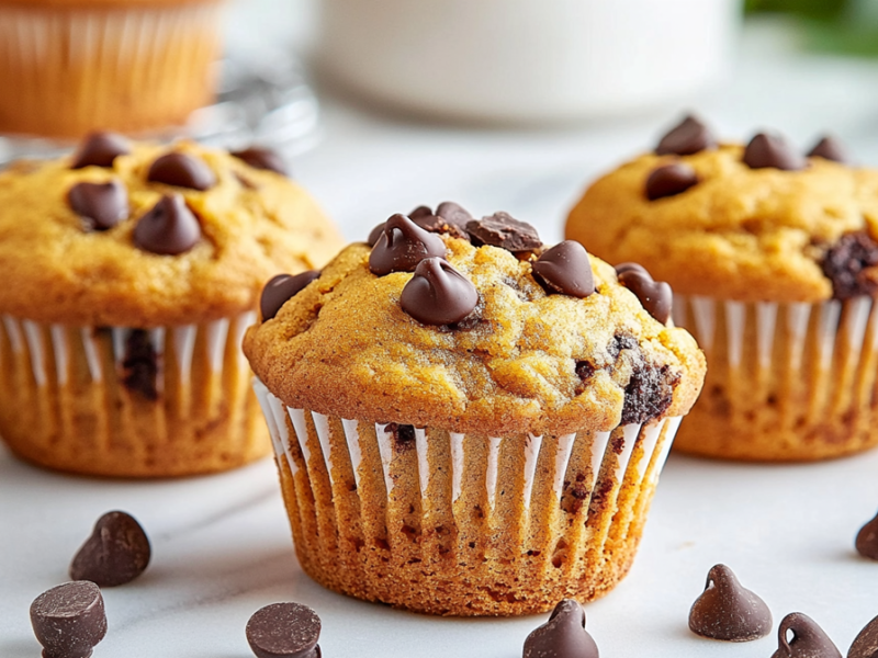 Drei Süßkartoffel-Muffins mit Schokostückchen, die auf einer hellen Arbeitsfläche stehen. Im Hintergrund kann man ein Gitter mit weiteren Muffins erahnen. Um die Muffins liegen außerdem Schokotropfen verteilt. Im Hintergrund ist ein weißes Gefäß zu erkennen.