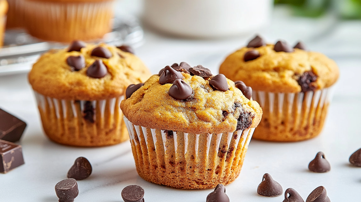 Drei Süßkartoffel-Muffins mit Schokostückchen, die auf einer hellen Arbeitsfläche stehen. Im Hintergrund kann man ein Gitter mit weiteren Muffins erahnen. Um die Muffins liegen außerdem Schokotropfen verteilt. Im Hintergrund ist ein weißes Gefäß zu erkennen.