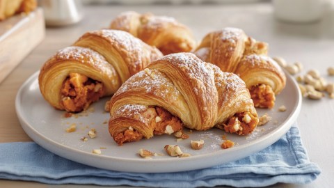 Mehrere Süßkartoffel-Nuss-Croissants auf einem Teller.