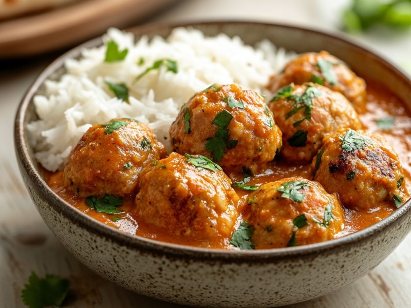 Eine Schüssel Reis mit Currysoße und Thai-Buletten. Nahaufnahme.