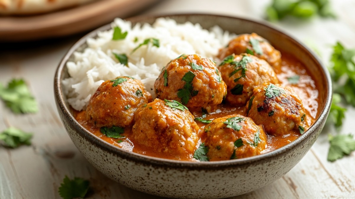 Eine Schüssel Reis mit Currysoße und Thai-Buletten. Nahaufnahme.