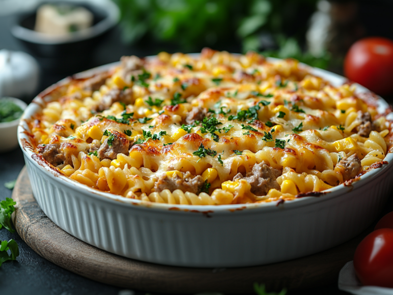 Eine runde Gratinform mit Thunfisch-Mais-Nudelauflauf, der mit etwas frisch gehackter Petersilie oder anderen gehackten Kräutern garniert ist. Um den Auflauf herum liegen Tomaten und frische Kräuter verstreut. Die Form steht auf einem Holzbrett. Außerdem kann man unscharf eine Knoblauchzehe, eine Schale mit einem Stück Hartkäse sowie eine Schale mit gehackten Kräutern erkennen.