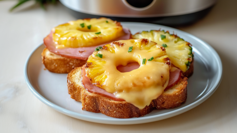 Zwei Toast Hawaii aus dem Aifryer liegen auf einem grauen Teller. Es liegt noch eine angeschnittene Scheibe Ananas neben ihnen. Man sieht einen Airfryer im Hintergrund.