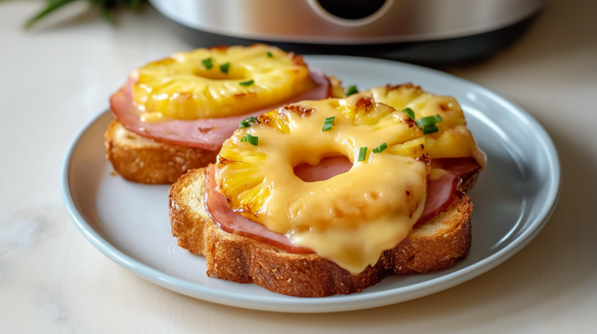 Zwei Toast Hawaii aus dem Aifryer liegen auf einem grauen Teller. Man sieht einen Airfryer im Hintergrund.