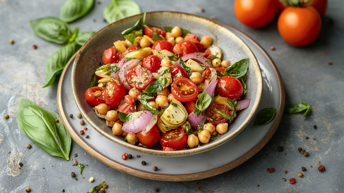 Ein Teller mit einer Portion Tomatensalat mit gerösteten Kichererbsen und Artischocken. Der Salat enthält außerdem Zwiebeln. Der Teller steht auf einem Unterteller. Um den Teller herum liegen Tomaten und frisches Basilikum sowie Pfefferkörner und Gewürze.