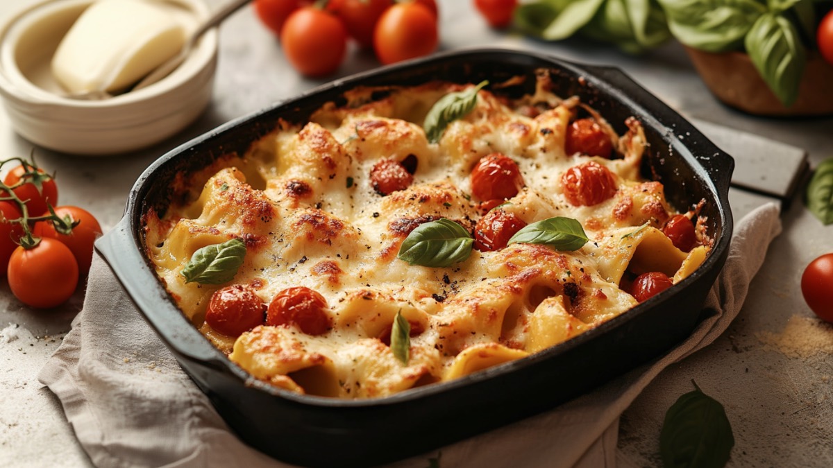 Ein Tortellini-Auflauf Caprese in einer Auflaufform in der Draufsicht.