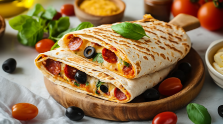 Zwei Tortilla-Pizzataschen liegen aufgeschnitten in einer Holzschale. Sie sind mit Salamischeiben, Oliven und frischen Kräutern gefüllt. Um sie herum liegen Tomaten und Oliven verteilt. Im Hintergrund sieht man frisches Basilikum und eine Schale mit geriebenem Cheddar.