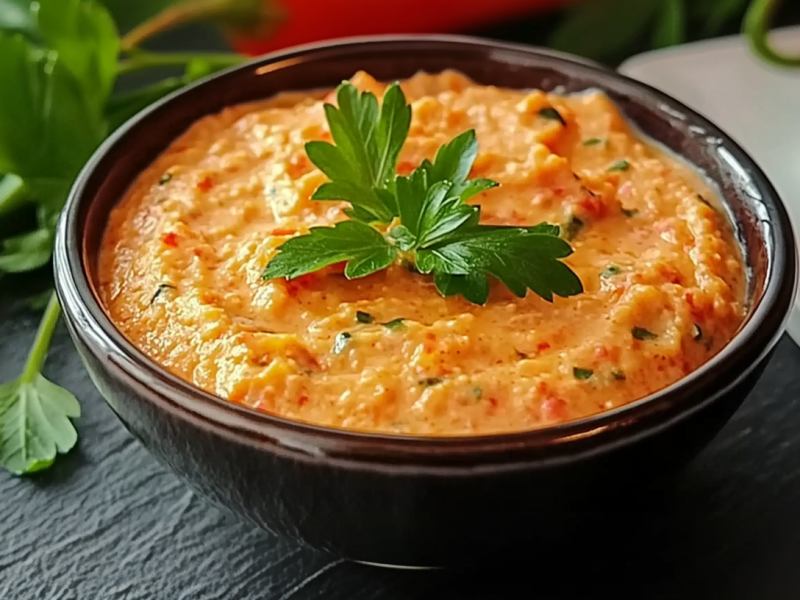 Eine Schale mit Toskana-Aufstrich steht auf einem schwarzen Tisch. Der Aufstich ist mit frischen Kräutern garniert. Im Hintergrund liegen noch mehr, sowie rote Paprikaschoten.