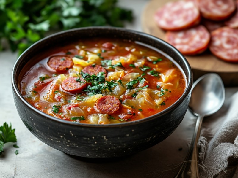 Eine Schüssel Korhelyleves, ungarische Sauerkrautsuppe mit Chorizo, bestreut mit Petersilie. Drumherum Chorizo, ein Löffel, eine Serviette und Petersilie.
