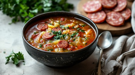 Eine Schüssel Korhelyleves, ungarische Sauerkrautsuppe mit Chorizo, bestreut mit Petersilie. Drumherum Chorizo, ein Löffel, eine Serviette und Petersilie.
