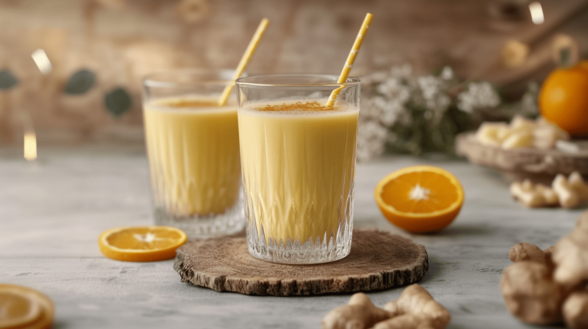 Zwei Gläser mit Vanille-Kurkuma-Orangen-Smoothie. Es steckt jeweils ein gelber Strohhalm im Glas. Ein Glas steht auf einer Holzscheibe. Um die Gläser herum liegen Orangenscheiben, Orangenhälften und Kurkumawurzeln. Im Hintergrund ist weiße Schafgarbe und Pflanzendeko zu sehen.