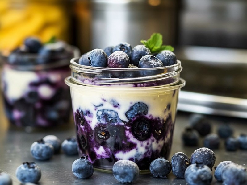 Gläser mit Vanillecreme mit Ofenblaubeeren