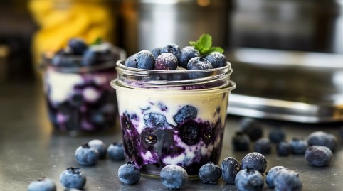 Gläser mit Vanillecreme mit Ofenblaubeeren