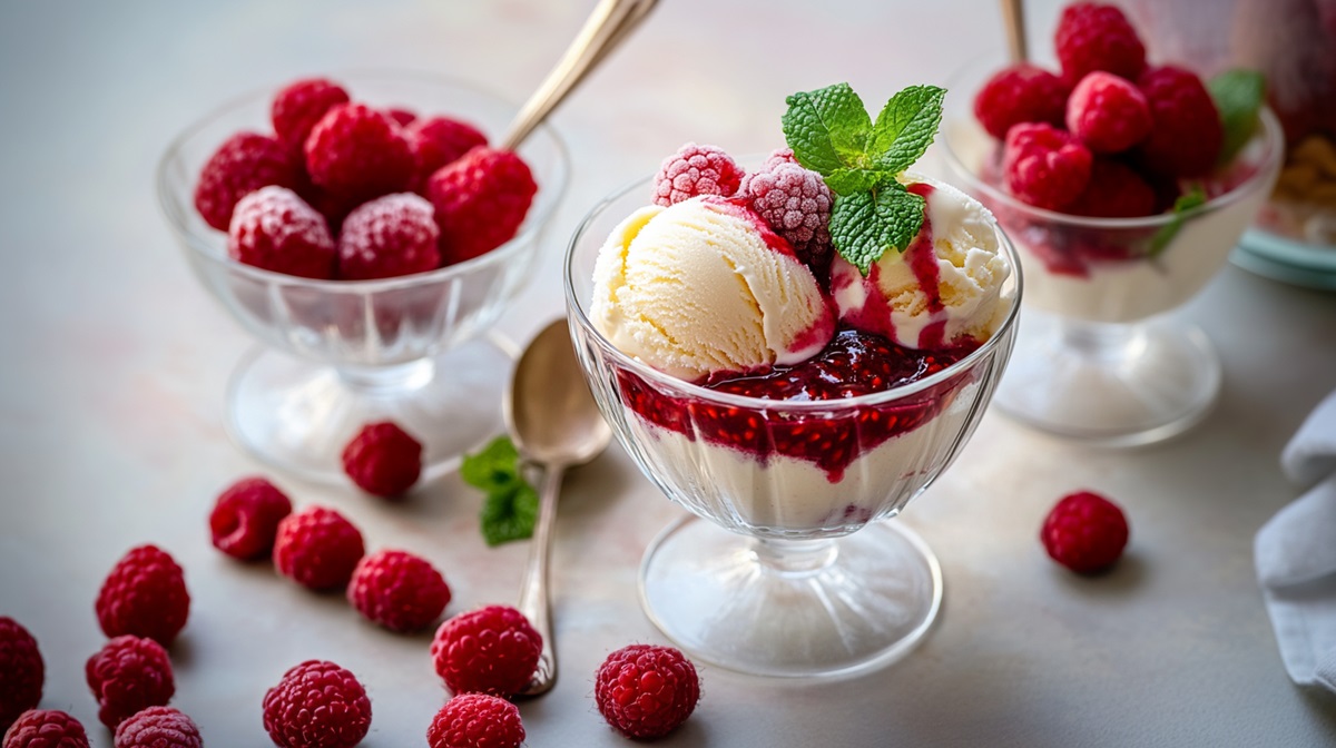 Schale Vanilleeis mit heißen Himbeeren