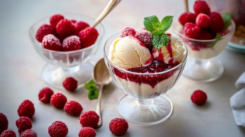 Schale Vanilleeis mit heißen Himbeeren