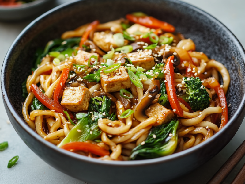 Vegane Yaki-Udon, zubereitet mit Tofu, Pak Choi, Brokkoli, roter Paprika, Frühlingszwiebeln und Sesam in einer schwarzen Schüssel. Links neben der Schüssel liegen noch ein paar Frühlingszwiebelringe und Sesamkörner, rechts Essstäbchen.