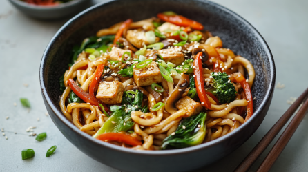 Vegane Yaki-Udon, zubereitet mit Tofu, Pak Choi, Brokkoli, roter Paprika, Frühlingszwiebeln und Sesam in einer schwarzen Schüssel. Links neben der Schüssel liegen noch ein paar Frühlingszwiebelringe und Sesamkörner, rechts Essstäbchen.