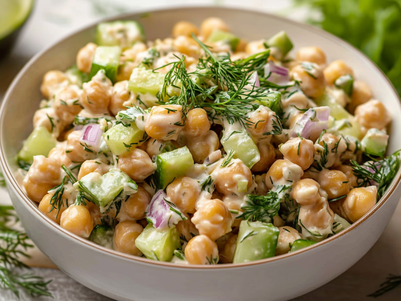 Veganer Thunfischsalat aus Kichererbsen in einer Salatschüssel, bestreut mit Kräutern.