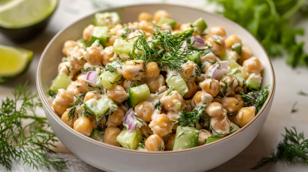 Veganer Thunfischsalat aus Kichererbsen in einer Salatschüssel, bestreut mit Kräutern.