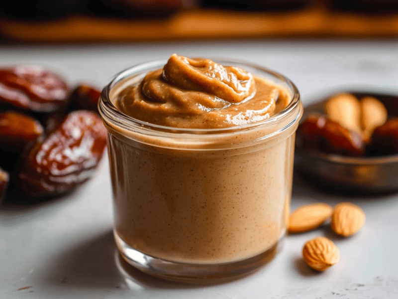 Ein Glas mit veganem Dattel-Karamell. Im Hintergrund liegen einige Datteln. Neben dem Glas mit Dattel-Karamell liegen ein paar einzelne Mandeln verstreut. Außerdem steht eine kleine Schale da, in der ebenfalls ein paar Mandeln und einzelne Datteln liegen.