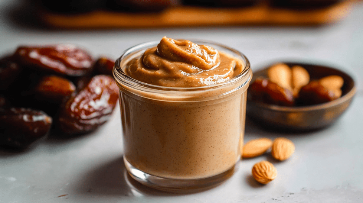 Ein Glas mit veganem Dattel-Karamell. Im Hintergrund liegen einige Datteln. Neben dem Glas mit Dattel-Karamell liegen ein paar einzelne Mandeln verstreut. Außerdem steht eine kleine Schale da, in der ebenfalls ein paar Mandeln und einzelne Datteln liegen.