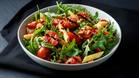 Eine Schüssel mit warmen Penne-Rucola-Salat steht auf dunklem Untergrund. Der Salat besteht aus Penne, Rucola, Tomaten, Balsamico-Creme und Pinienkernen.