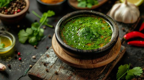 Eine Schale mit dem Kräuter-Dip Zhoug und Gewürzen daneben