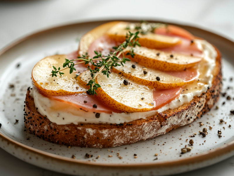 Ein Teller mit einer Scheibe Ziegenfrischkäse-Brot mit Schinken und karamellisierter Birne, die mit frischem Thymian und grobem schwarzen Pfeffer garniert ist.