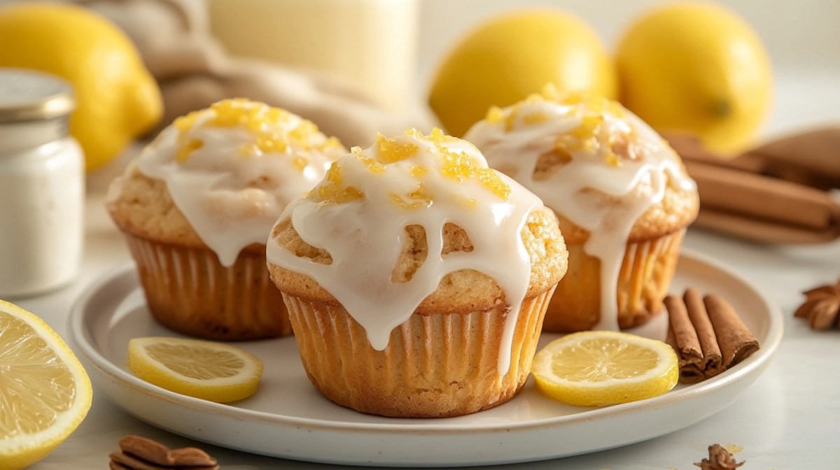 3 Zitronen-Frischkäse-Muffins mit Zuckerguss auf einem Teller, drumherum einige Zitronen und Zimtstangen.