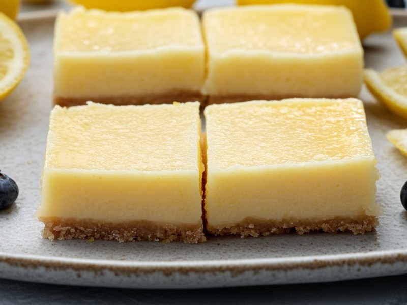 4 cremige Zitronen-Quarkschnitten auf einem Teller. Drumherum liegen Zitronen und Heidelbeeren.