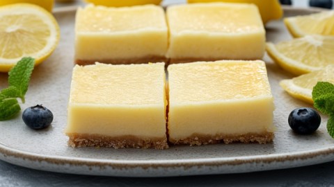 4 cremige Zitronen-Quarkschnitten auf einem Teller. Drumherum liegen Zitronen und Heidelbeeren.